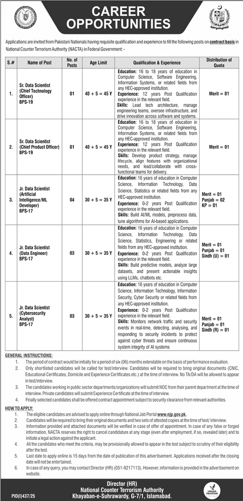 Jobs in National Counter Terroism Authority Islamabad